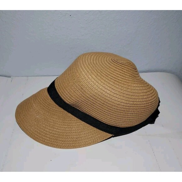 Scala Women's Handmade Braided Cloche Hat Straw Brown with Black Trim Adjustable - Picture 3 of 5